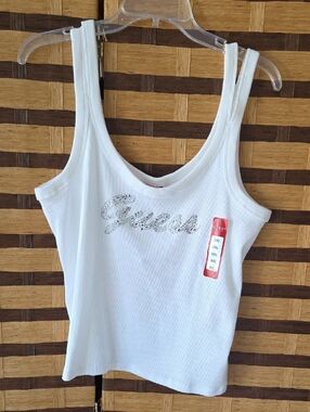 Guess White Ribbed Tank with Crystal Logo